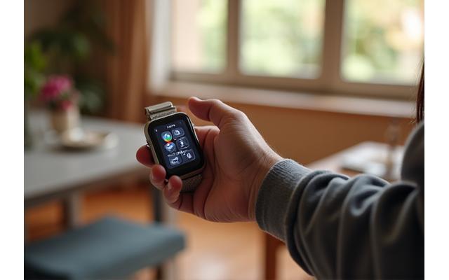 Senior adult using an accessible smartwatch cheerfully