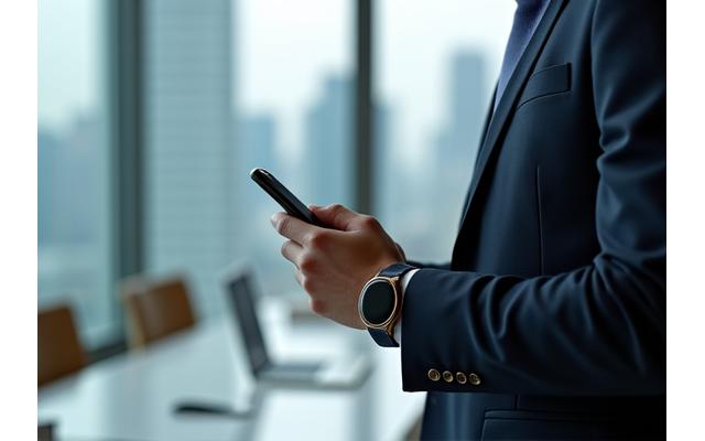 Executive in a modern office using a minimalist smartwatch