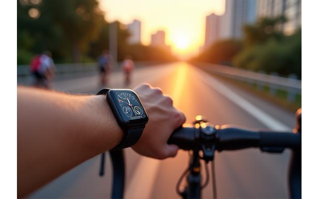 Cyclist checking smartwatch on handlebar with Singapore skyline in background