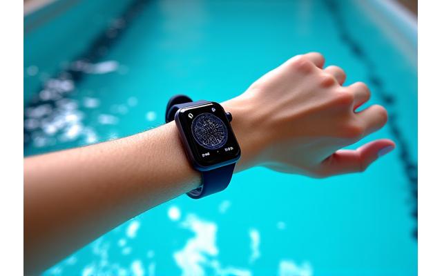 Smartwatch user swimming laps in a clear pool, clear blue water